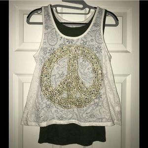 Justice cream and green layered peace sign tank